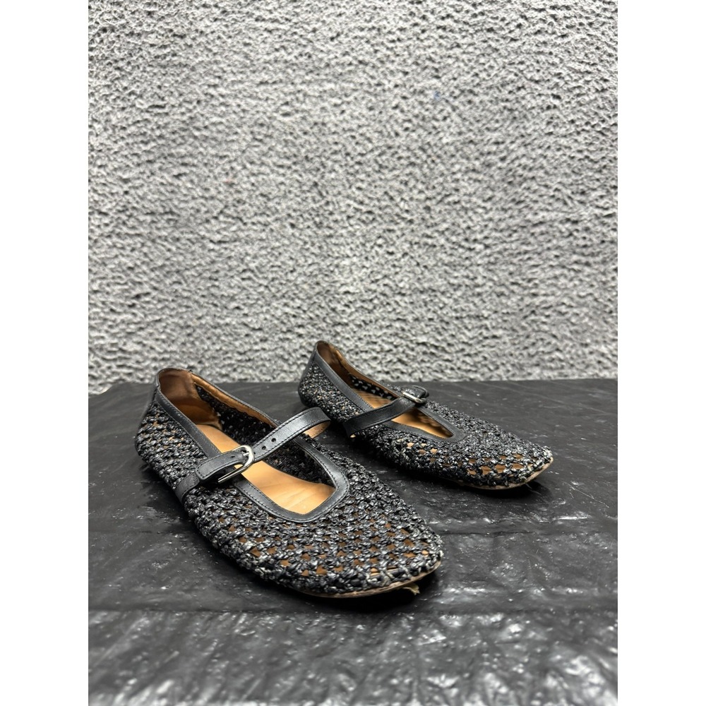 Labucq Lido Rafia Laser-Cut Leather Mary Jane Flat Black Womens Size 39 EU